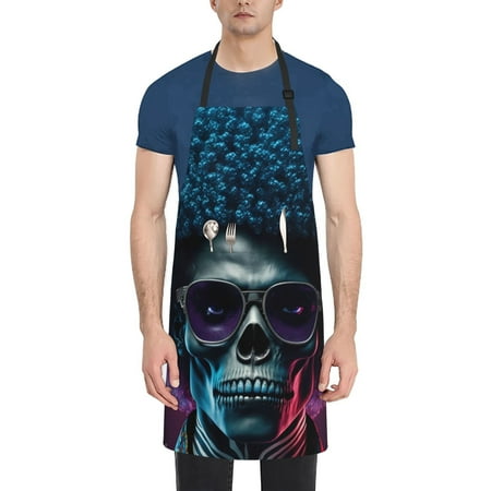 

Pofeuu Punk Style Blue Haired Skull Print Waterproof Apron with Pockets Adjustable Cooking Aprons Kitchen Bib for Baking Household Cleaning