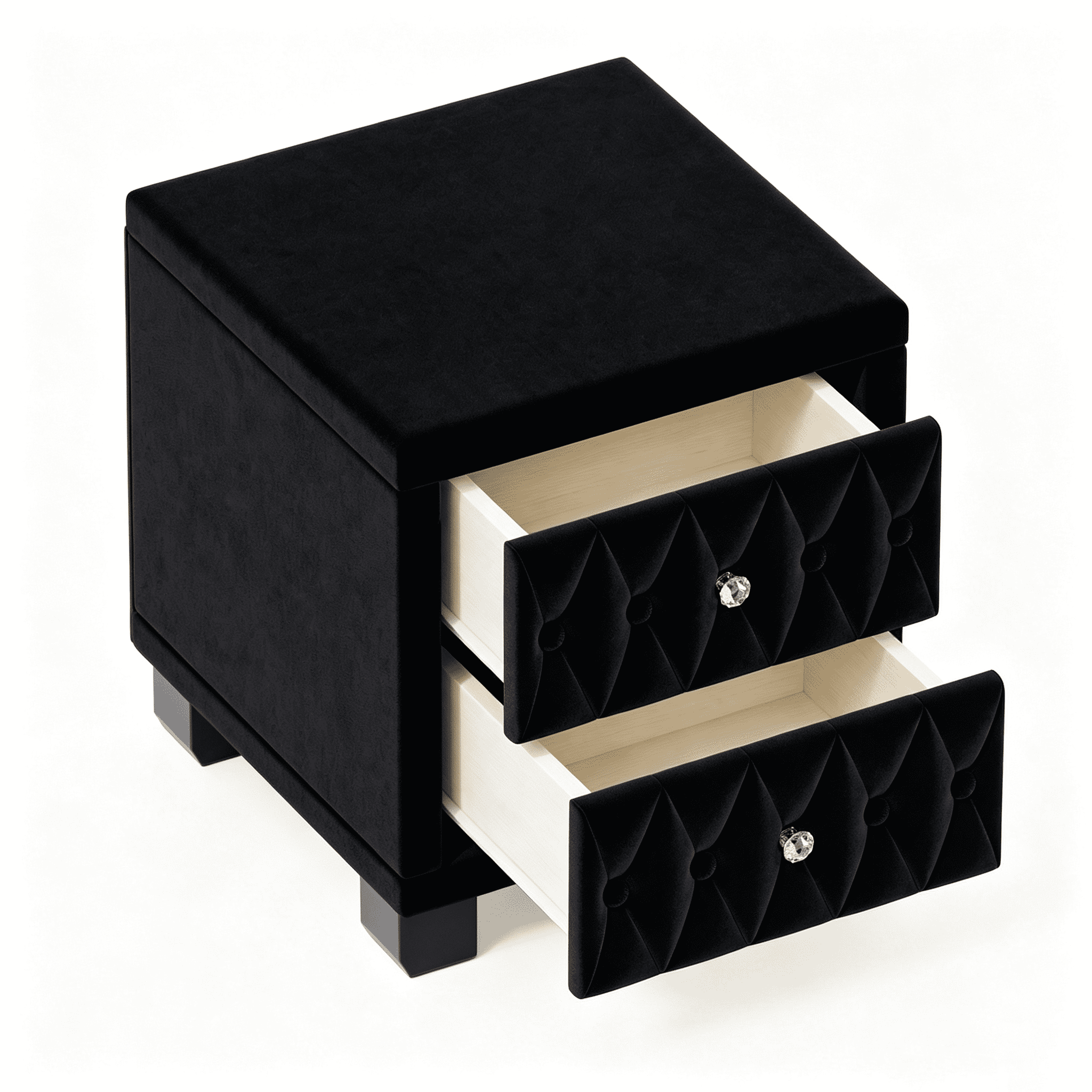 Aukfa Velvet 2-Drawer Nightstand with Crystal Knob Handles, Button-Tufted Bedside Table for Bedroom/Living Room,Black