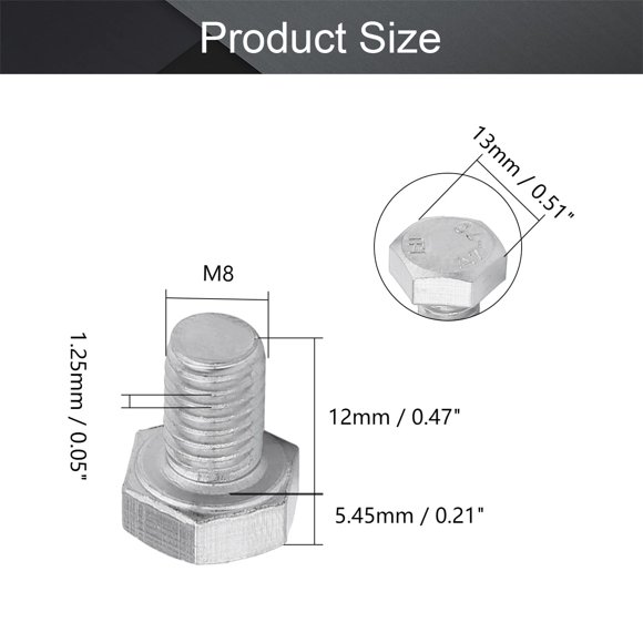 MroMax M8 Hex Bolt M8-1.25 x 12mm Hex Head Screw Bolts 304 Stainless Steel Fully Threaded Hex Tap Bolts Silver 20pcs