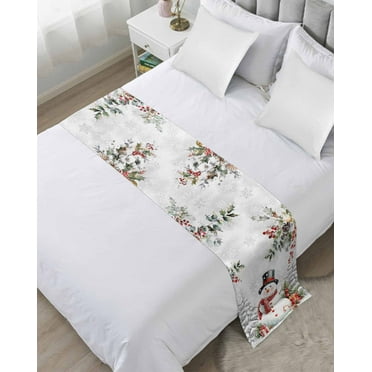 Christmas Snowman Bed Runner for King Size Bed, Xmas Snowflake Berry Botanical Bedspread Protector Slipcover Bed Scarf for Foot Bed Runners & Scarves for Bedroom Hotel Wedding Room 102x20 Inches