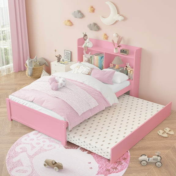 UHOMEPRO Twin Bed Frame with Pull-Out Trundle and Bookcase Headboard, Storage Bed for Shared Rooms and Small Bedrooms, No Box Spring Needed, Pink
