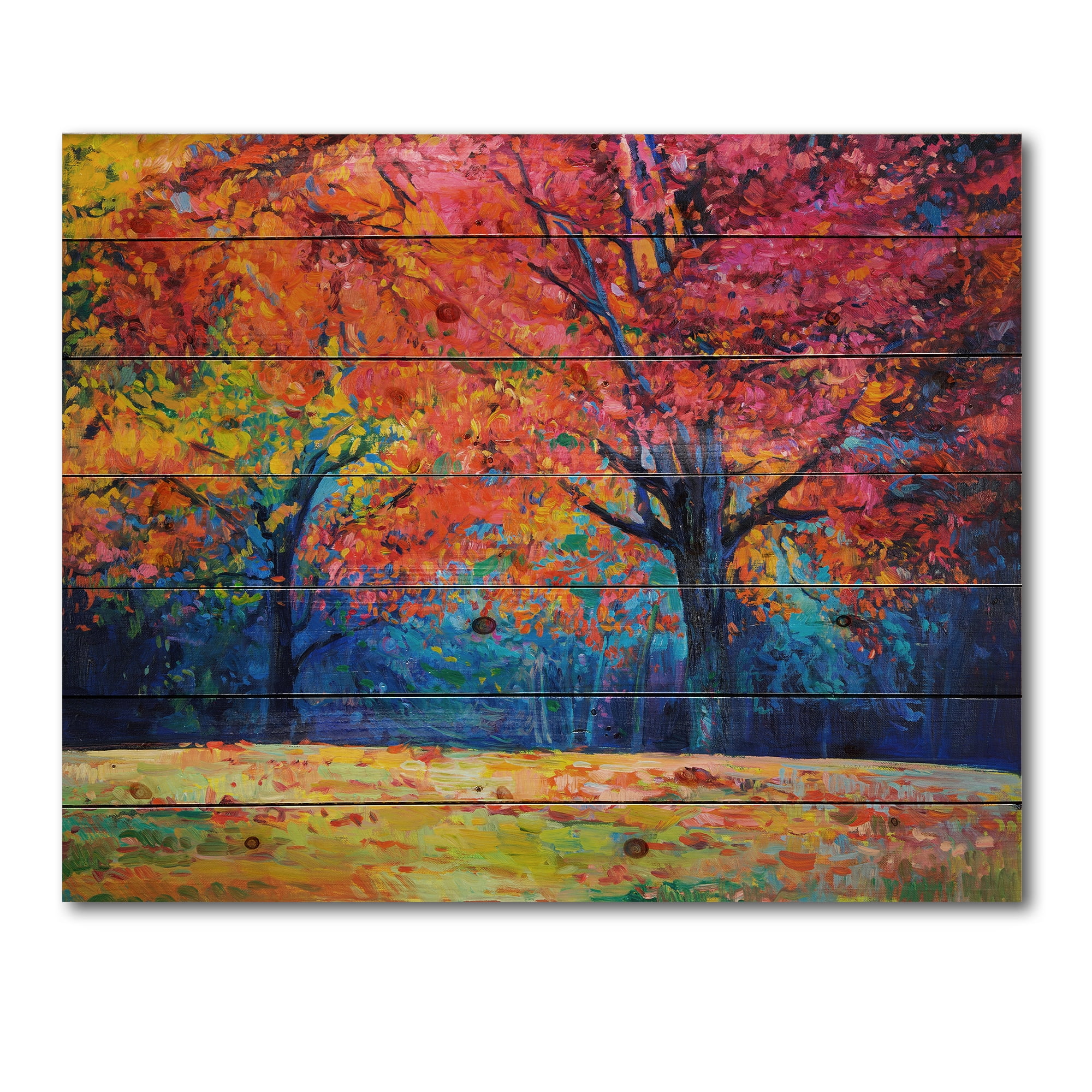 Designart 'Abstract Vibrant Red Tree In Autumn Landscape' Traditional Print on Natural Pine Wood