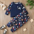 thumbnail image 2 of FAOWME Toddlers Boys Pajama Set Two Piece Astronaut Print Long Sleeve Round Neck Top And Pants Outfits Comfortable Loungewear For Full Winter Daily Wear,Navy,1-2 Years, 2 of 9