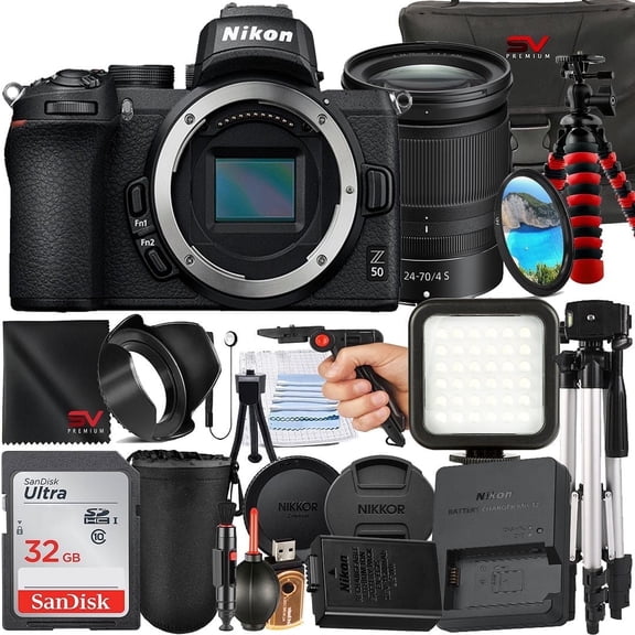 Nikon Z50 Mirrorless Camera with 24-70mm Lens   32GB Memory Card   Pistol Grip Tripod   SV Premium Accessory Bundle (International Version)