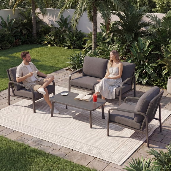 3-Piece Patio Furniture Set with Cushions & Coffee Table, All-Weather Aluminum Frame, Outdoor Conversation Set for Backyard, Garden, Grey
