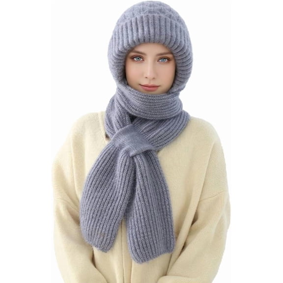 Winter Versatile Knitted Hooded Scarf for Women Integrated Windproof Cap Scarves