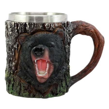 Ebros Gift Nature Wildlife Roaring Black Bear Mug With Rustic Tree Bark Design 12oz Drink Beer Stein Tankard Coffee