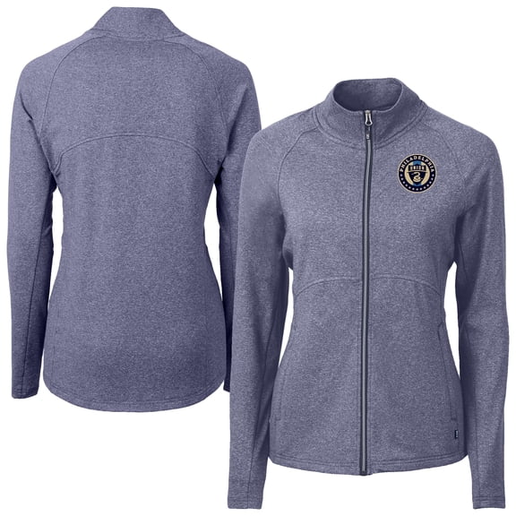 Women's-Cutter & Buck Heather Navy Philadelphia Union Adapt Eco Knit Hybrid Recycled Raglan Full-Zip Jacket