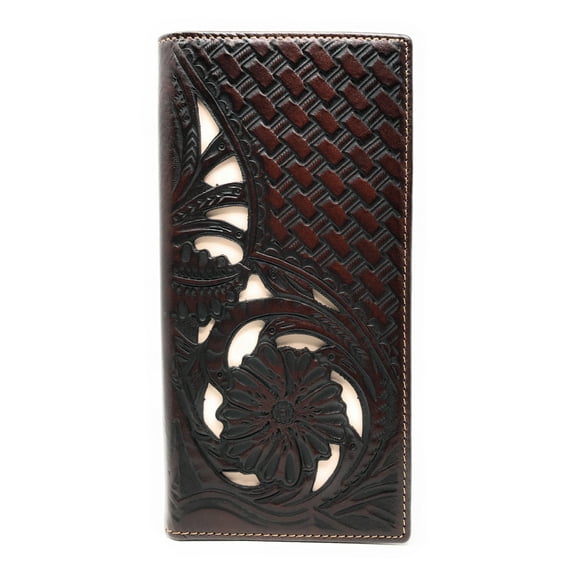 Western Genuine Leather Tooled Laser Cut Basketweave Men's Long Bifold Wallet in 8 colors