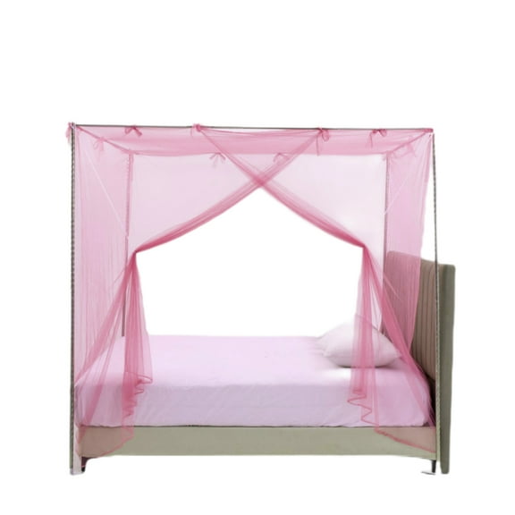 JeashCHAT Mosquito Net 4 Corner Post Bed Canopy One Side Opening Bed Canopy Lace Netting Bed Curtain Bedding Bedroom Decor, Pink