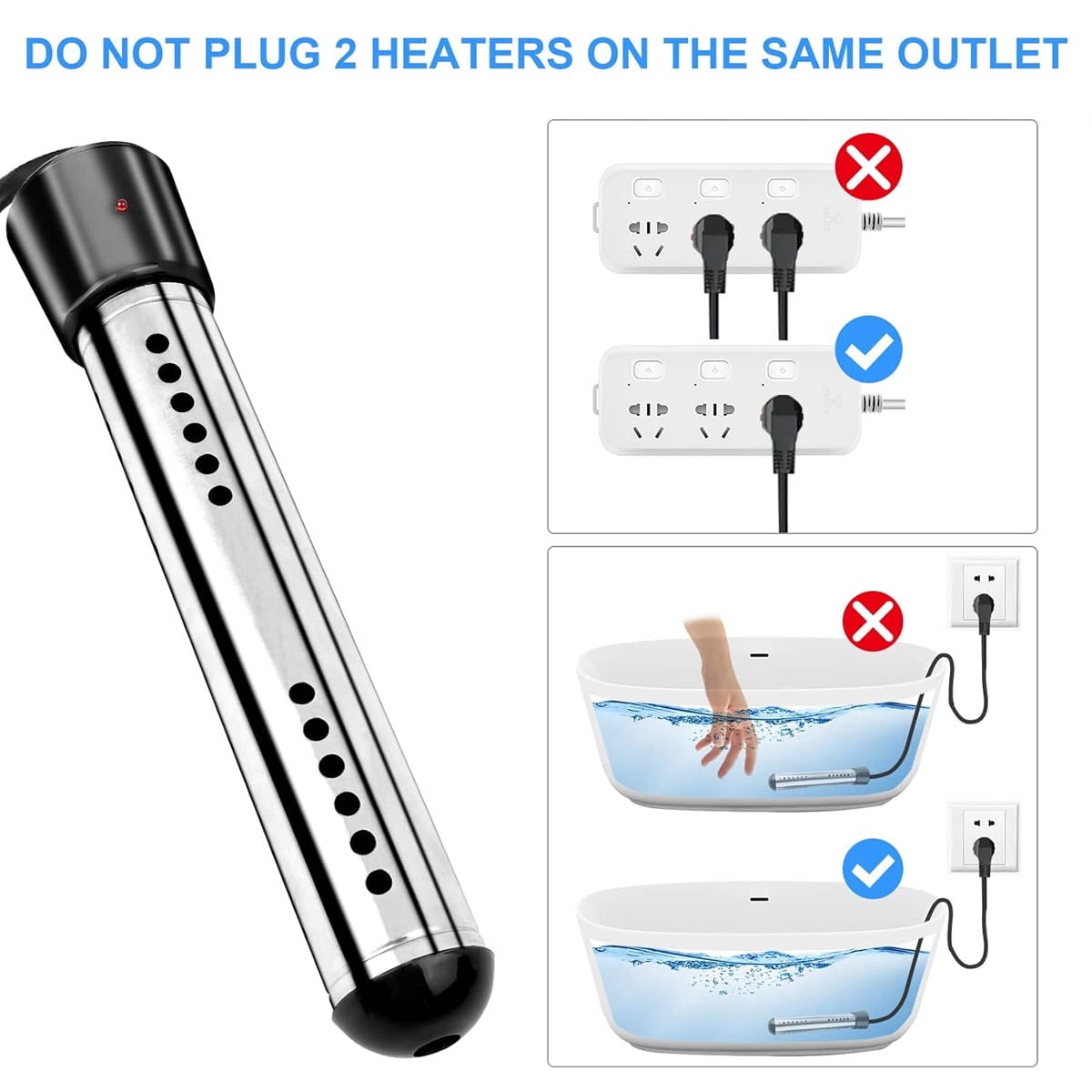 Immersion Water Heater, 1500W Pool Heater with 304 SS Guard, Bathtub with Stainless Steel Guard & Digital LCD Thermometer & Wool Scrubber