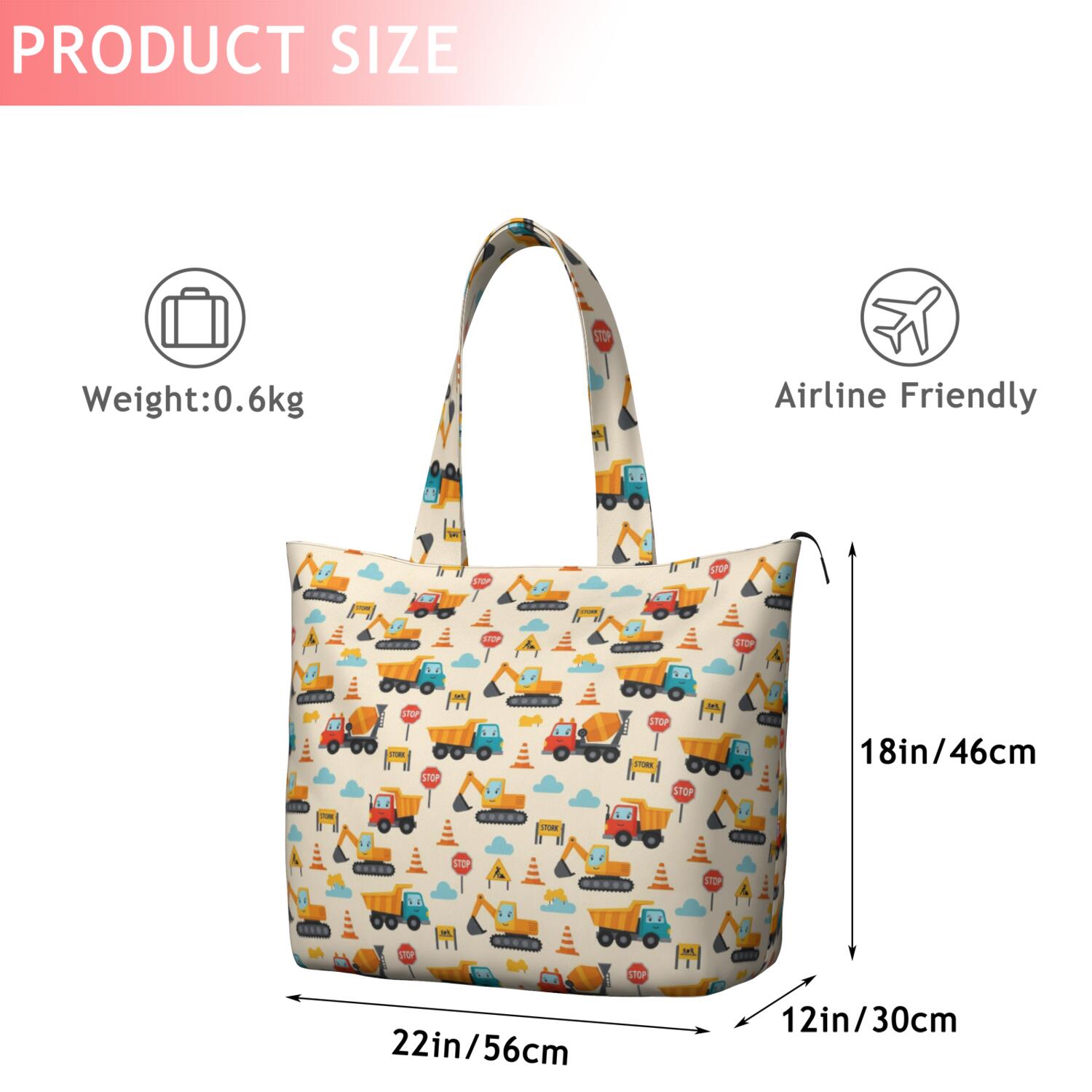 Cartoon Construction Vehicles Traffic Cones Travel Tote Bags for Women Carry On,Large Weekender Bags for Women Travel,Multi Functional Duffle Bag for Work,Shopping,Sports