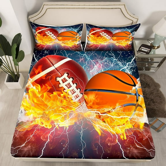 YST Basketball Bedding Queen Size for Boys Football Soccer Bed Sheets, Ice and Fire Lightning Fitted Sheet Sport Theme Bed Set, Ball Gamer Sheet (Deep Pocket)