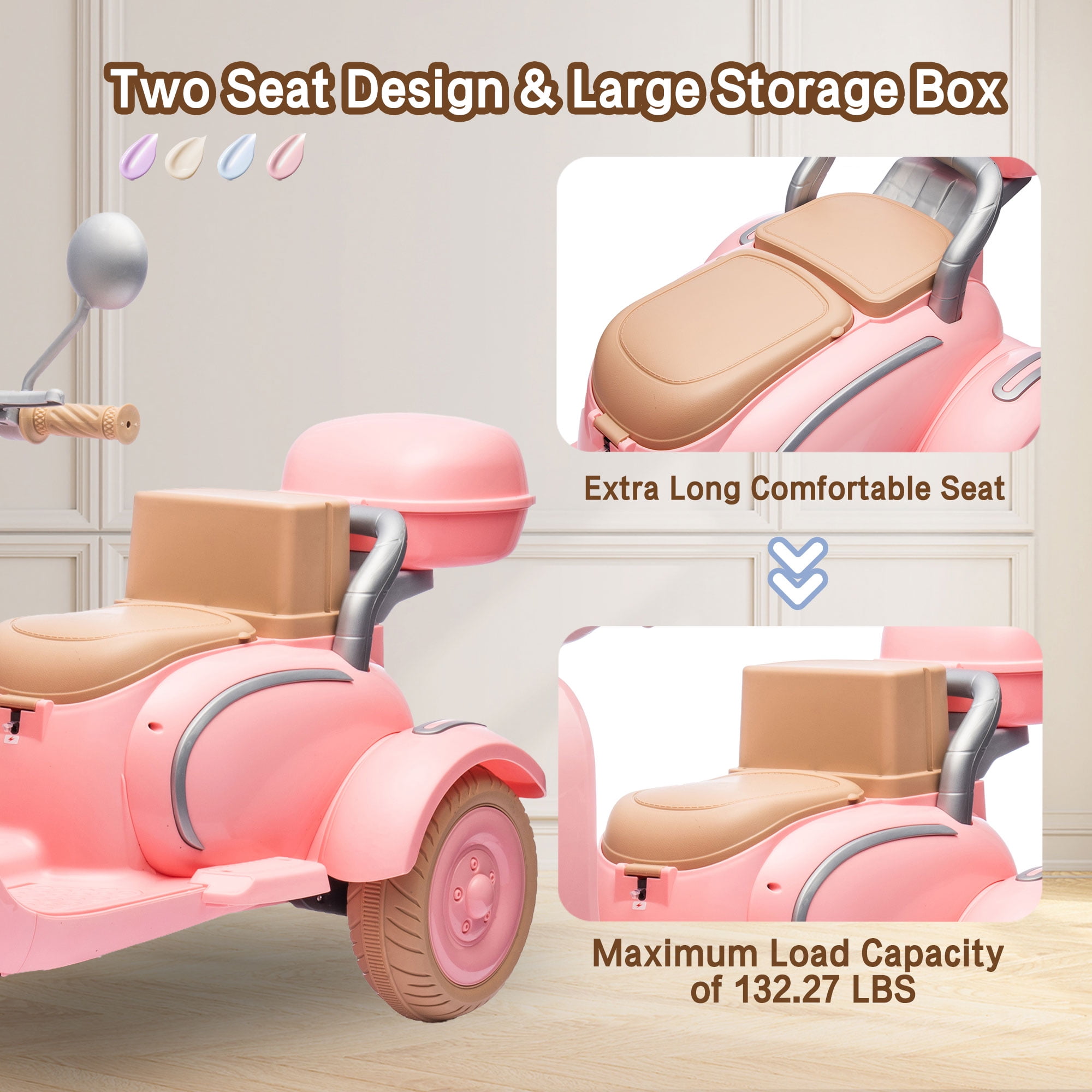 Xuanlur Upgrade 12V 2 Seater Dual Motor Kids Motorcycle, Girls Ride on Toys with Storage Compartments, Slow Start, USB, Bluetooth, Motorcycle for Kids Aged 3+(Pink)