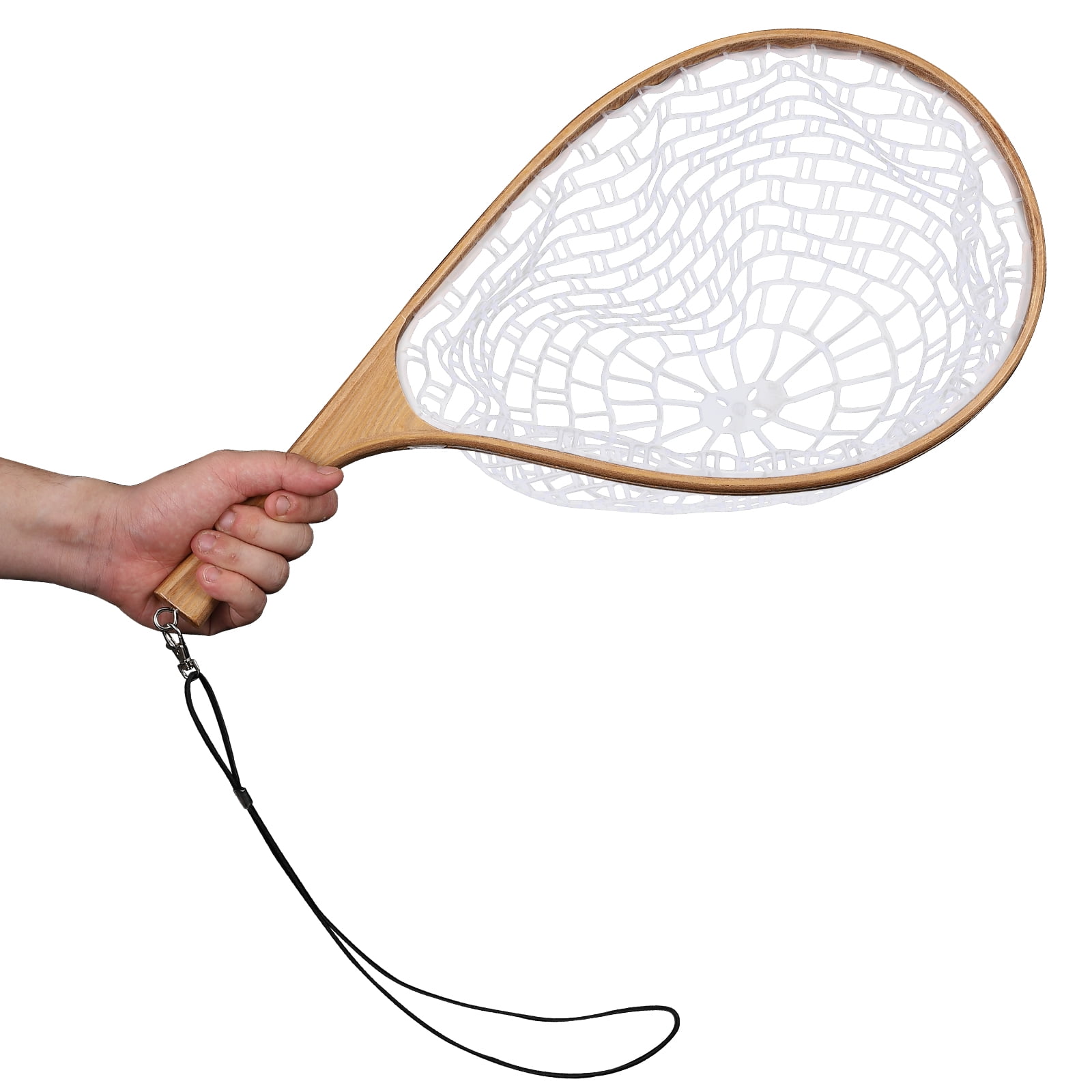 Fly Fishing Landing Net - Elm White Silicone Mesh, Curved Wooden Handle, Soft Rubber-Coated Net, Lightweight & Portable, Safe Catch & Release, For Trout, Bass, Freshwater & Saltwater