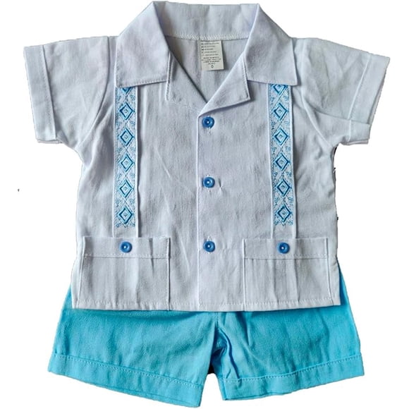 Guayabera para Bebé Pañalero con Short, Conjunto Mexicano de 2 Piezas para Niño, Guayabera Infantil de Manga Corta