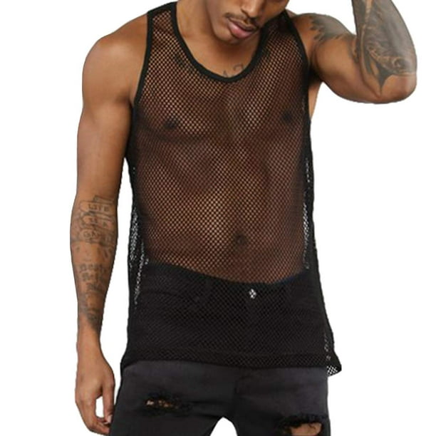Mens Mesh Sleeveless Vest See Through Shirt Mesh Tee Shirt Sexy