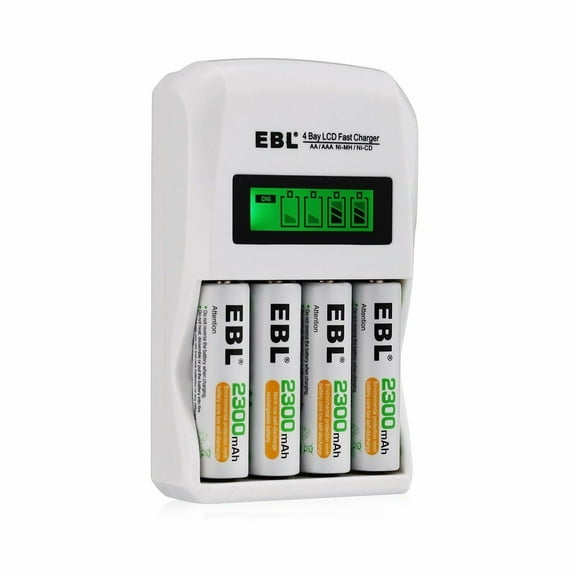 EBL 4-Pack 2300mAh Rechargeable AA Batteries with LCD Smart Battery Charger