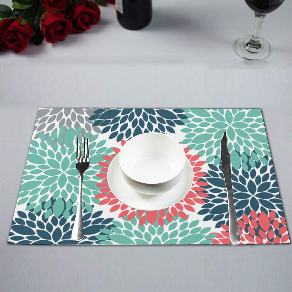 Mkhert Dahlia Pinnata Flower Teal Coral Gray Placemats Table Mats
