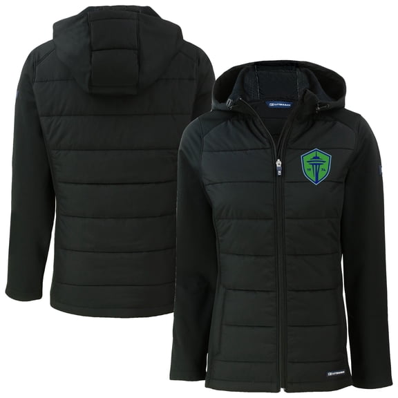 Women's-Cutter & Buck  Black Seattle Sounders FC Evoke Hybrid Eco Softshell Recycled Full Zip Hooded Jacket