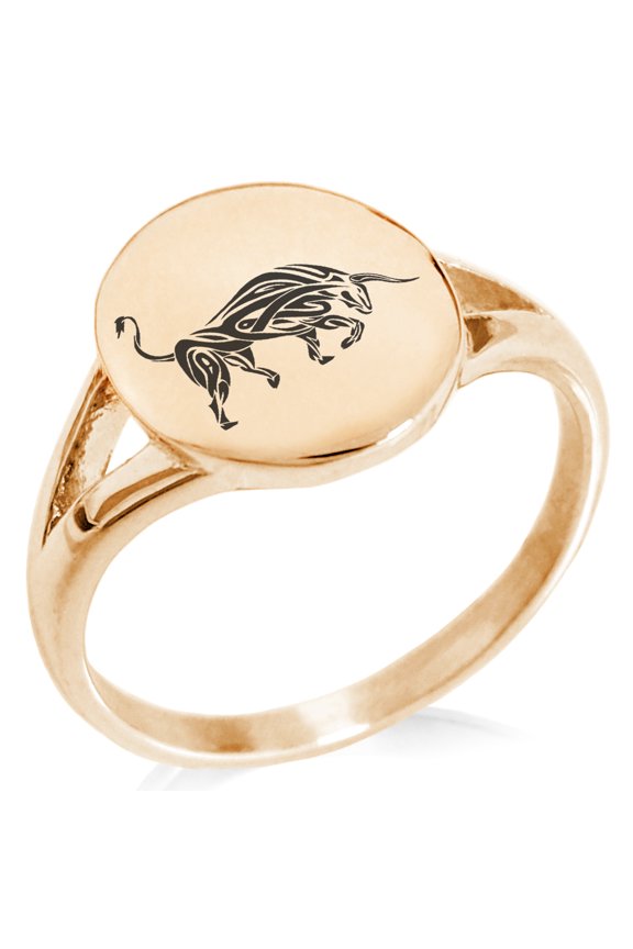 Stainless Steel Celtic Bull Rune Minimalist Oval Top Polished Statement Signet Ring