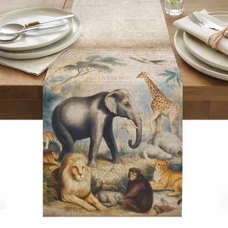 Animal World Table Runner 13 x 108 Inch, Elephant Tiger Giraffe Vintage Newspapers Texture Washable Cotton Linen Dining Table Runner Tabletop Decorations for Restaurant Home Kitchen Party