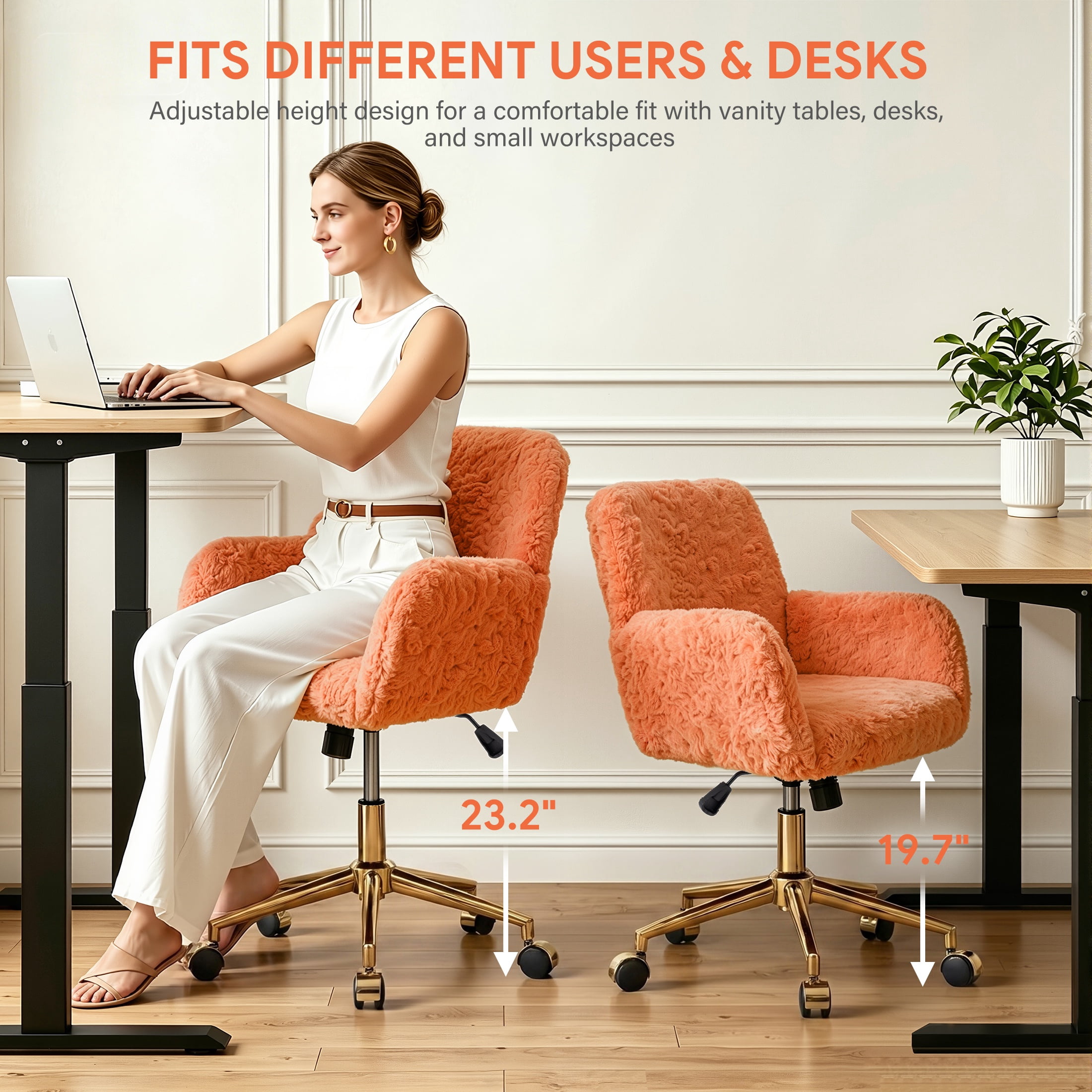 PAPROOS Vanity Chair with Back, Adjustable Swivel Makeup Desk Chair with Wheels and Arms, Fluffy Home Office Task Chair with Artificial Rabbit Hair for Bedroom, Dorm, Study Room, Orange