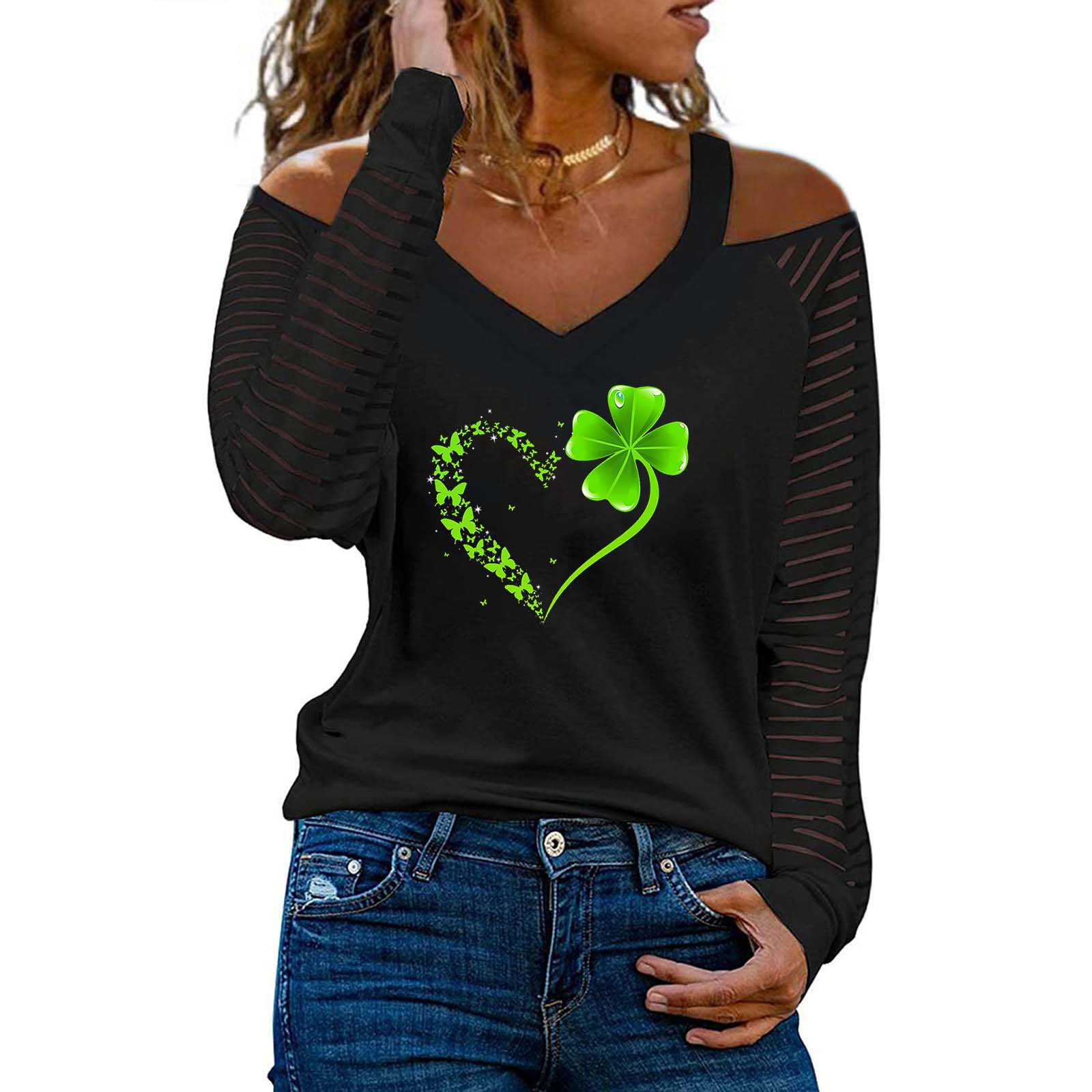 Women's St. Paddy's Day Tees Top Sheer Long Sleeve Shirts Four Leaf Clover Heart Printing Pullover Casual T-Shirt - image 2 of 5