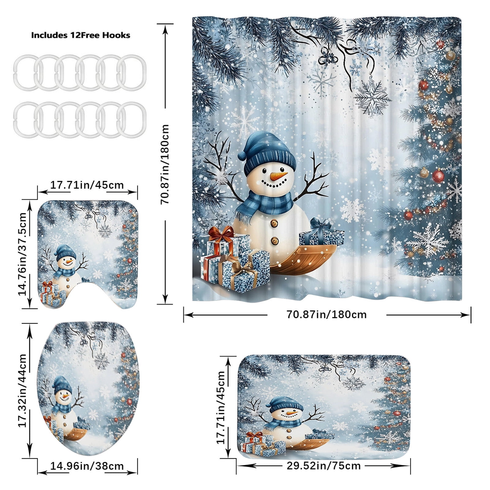Costeam Christmas Shower Curtain Set with Santa Pattern, Waterproof Bathroom Decor with Holiday Theme for Xmas Party Background Decoration