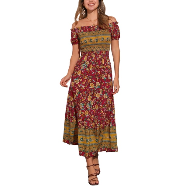 Vestido Boho de Mujer Inspire Chic con Mangas Cortas Abullonadas, Off-Shoulder, Floral, Smocked, Maxi, Color Rojo, Talla S