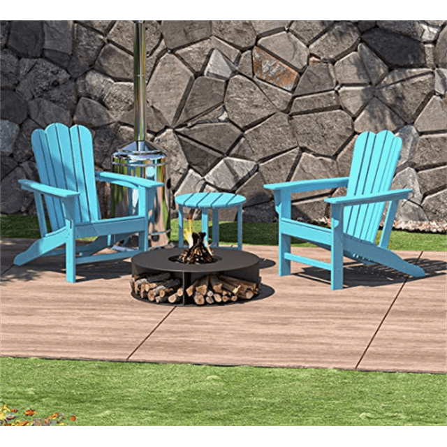 Adirondack Chair Set with 2 Plastic Adirondack Chairs & 1 Outdoor Side Table, Outdoor Adirondack Chair Patio Lounge Chairs with Large Seat & Tall Backrest for Patio Deck, Weather Resistant, Blue