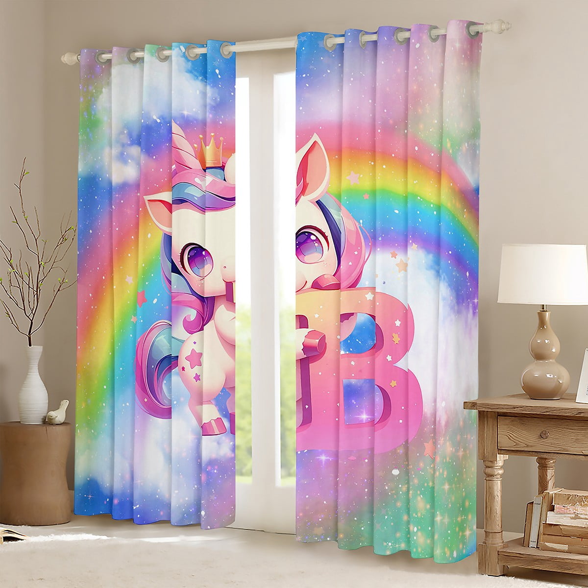 Erosebridal Monogrammed B Curtains Pack of 2 (38x54), Kawaii Unicorn 30%-50% Blackout Curtains for Bedroom, Cartoon Rainbow 30%-50% Black Out Curtains, Window Curtains Bedroom Decoration