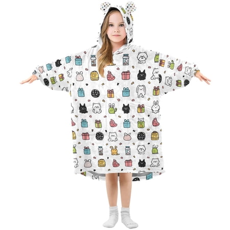 Wearable Blanket Hoodie for Cute Pet Snacks Flannel Hooded Blanket with Pockets and Sleeves Suitable
