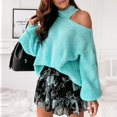 thumbnail image 5 of Winter Fashion Lantern Sleeve Slim Sweater Sexy Off Shoulder Hollow Rib Knitted Sweater Women 2022 New Solid Turtleneck Top, 5 of 5