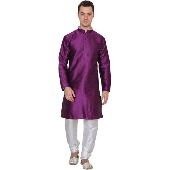 Royal Kurta Mens Silk Kurta Churidar with Contrast Neck Detailing Purple