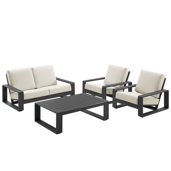 4 pcs Lounge Sectional Sofa Table Set, White, Aluminum, Outdoor Patio Balcony Cafe Bistro Garden Hospitality Restaurant, Modern Contemporary, HB37991
