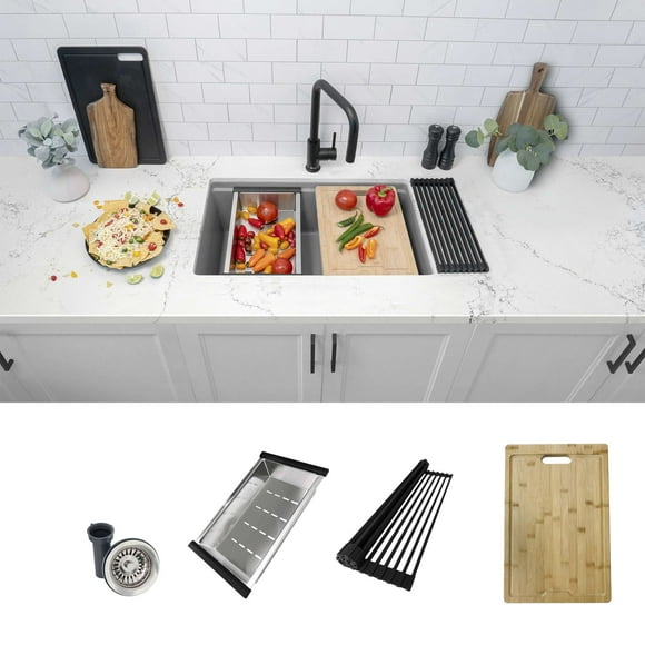 Stylish Dual Mount 28” Gray Composite Granite Single Bowl Kitchen Sink with 4 accs S-828WL