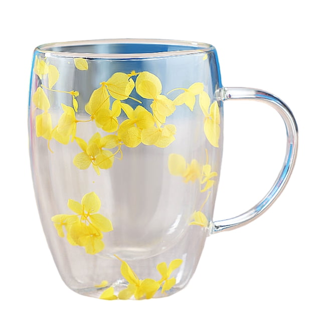 Billuyoard Taza de cristal de doble pared con flores, fusiones florales, taza de té transparente, flores secas, tazas de café de 350ml, flores Mostrada B