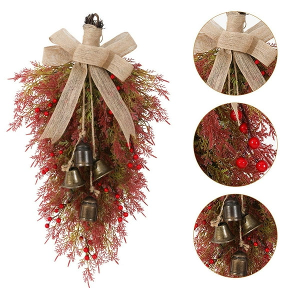 Farmhouse Linen Bow Wreath with Bells - Weatherproof Front Door Decor, Rustic Holiday Wreath for Porch, Spring/Christmas Outdoor Decorations, Ready-to-Hang