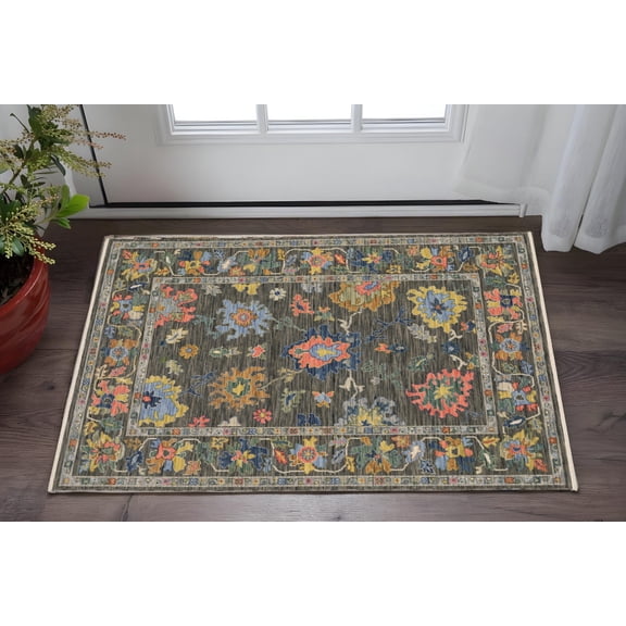 2' X 3' Gray Yellow And Blue Oriental Area Rug With Fringe