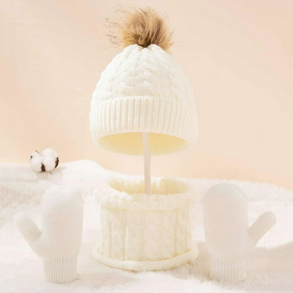 Winter White Kids Hat Scarf Glove Set Knit Lined Neck Warmer Mittens For Toddler Boys Girls Cotton