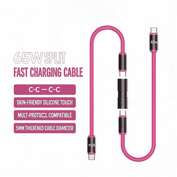 Cdtou 2‑in‑1 Splicable Pink Silicone Charging Cord, 65W Pd Fast Charge 63In Usb‑c Phone Charging Cable
