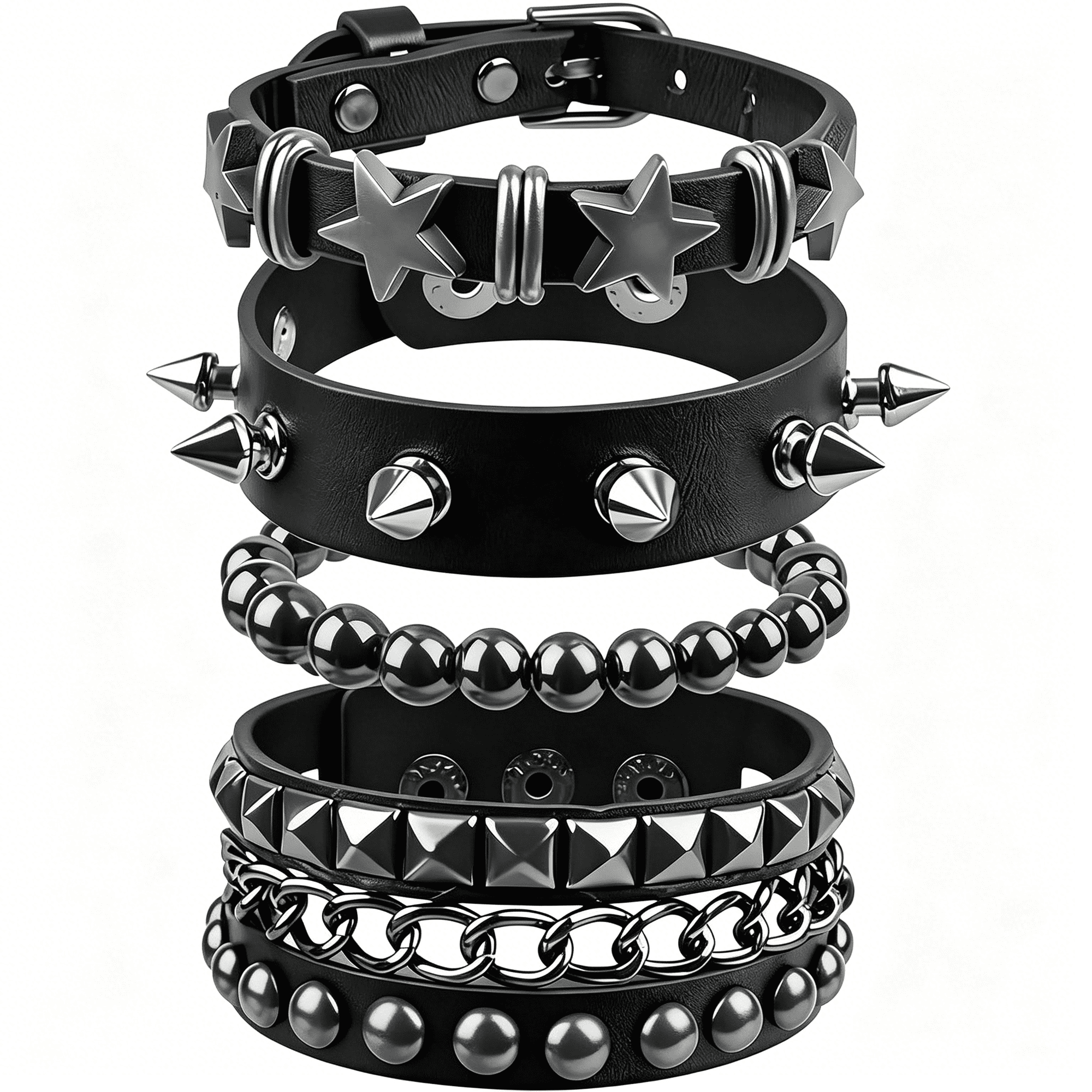 DESIGNICE 4 Pcs Punk Rock Studded Bracelet Set for Men Women,Adjustable Faux Leather Spiked Bracelets,Emo Goth Accessories,Gothic Star&Round Rivet Cuff Wristbands,Rocker Jewelry Gifts Set