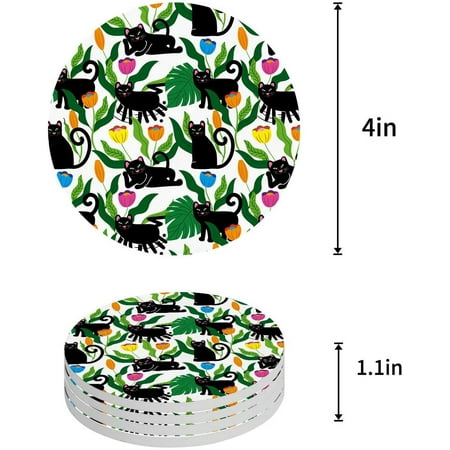 

KXMDXA Black Cat Set of 8 Round Coaster for Drinks Absorbent Ceramic Stone Coasters Cup Mat with Cork Base for Home Kitchen Room Coffee Table Bar Decor