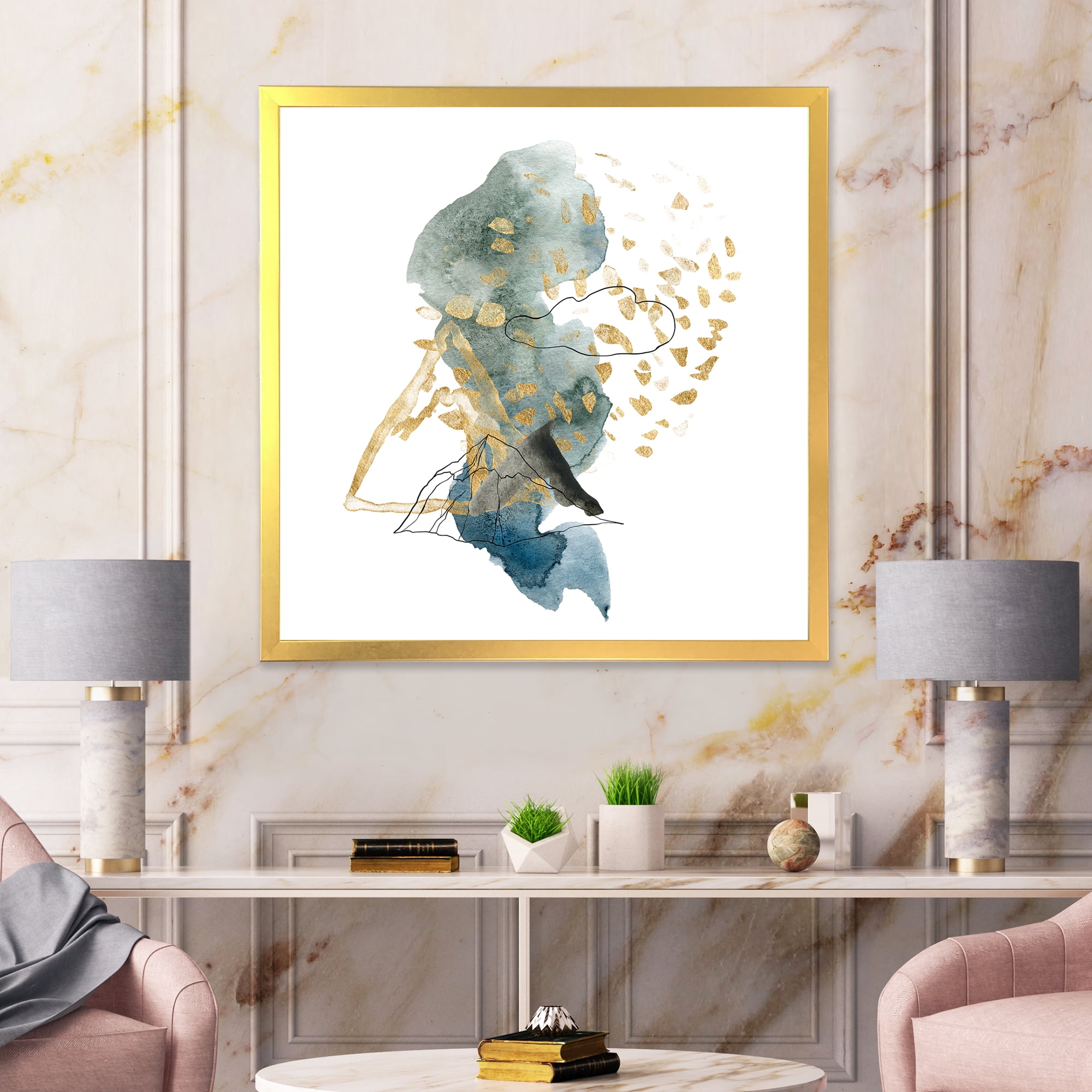 Designart 'Gold Strokes and Landscape of Dark Blue Mountains I' Modern Framed Art Print