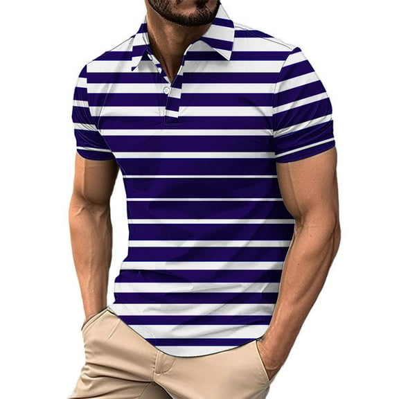 ZCFZJW Mens Golf Shirt Moisture Wicking Performance Sport Short Sleeve Striped Lightweight Casual Button up Polo Shirts for Men Blue XXXL