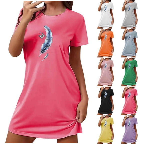 YHAJDS Sleep Gown For Women Plus Size Short Print Front Round Neck Short Sleeve Pajama Dress