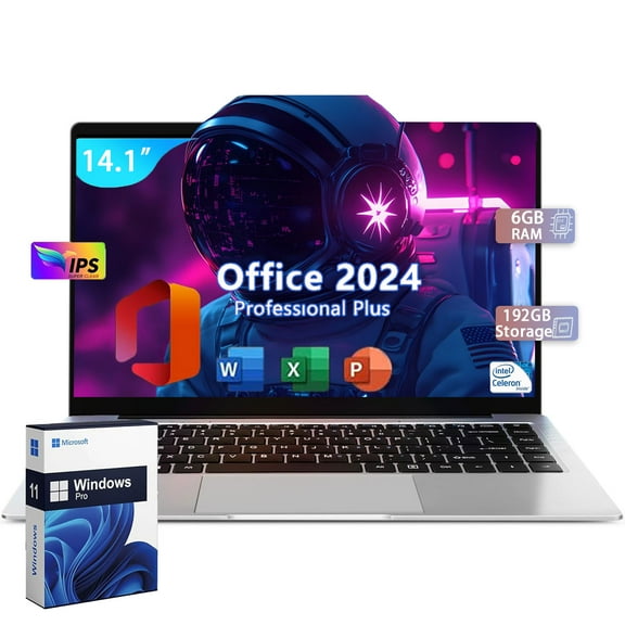 14.1" High Performance Laptop Office 2024 FHD IPS Display 2-2.5 GHz DDR4 6GB RAM 192GB Storage Intel Celeron N3060 CPU MicroSD Windows 11 Perfect for Work and Study (Silver)