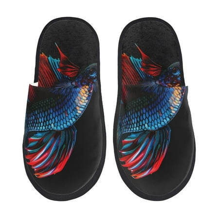 

Noikeo Colorful Betta Fish Pattern Cozy Slippers Indoor for Women and Mens Fuzzy House Shoes Soft Plush Warm Slip-on Slippers-Large