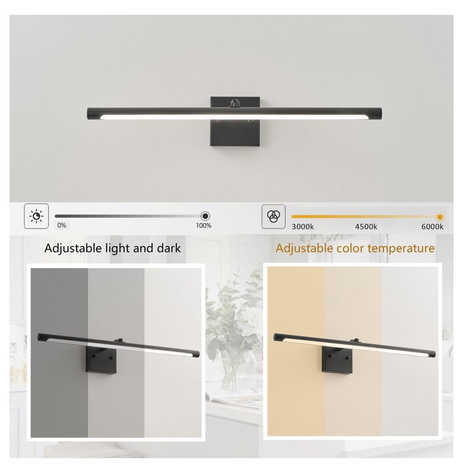 23.81" Modern LED Vanity Light Fixture, 12W Bathroom Vanity Lights, 3CCT, Dimmable, 360° Rotatable, Stretchable, Black Bathroom Lighting Fixture Over Mirror Bath Sconces